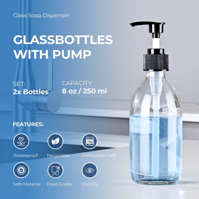 HomePicker Glass Soap Dispenser with Pump 8 oz, Homepicker Lotion Bottle with Pump for Body Oil, 250ml Hand and Dish Soap Dispensers Set with 1 Extra Pump, Black Caps, Labels - 2 Pack, Amber and Clear - Image 2